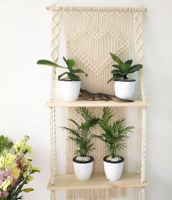 

Macrame 2 Layers Woven Hanging Plant Flower Pot Holder Garden Storage Rack Organizer Hanger Home Decoration Wooden Wall Shelf