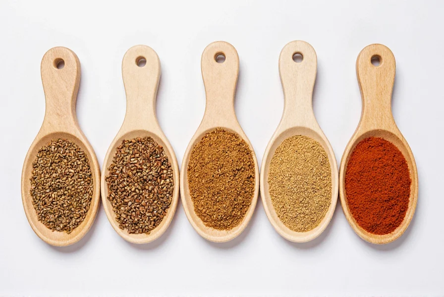 Close-up comparison of cumin seeds next to common substitutes including ground cumin, coriander seeds, and chili powder in small bowls