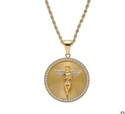 

Plating Cubic Zirconia Iced out Round Necklace Golden Little Angel Hip Hop Pendant, Gold,silver,black
