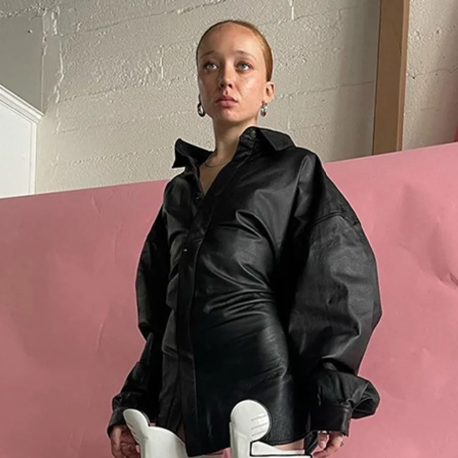 

Nibber K21D06460 2021 Winter Warm Long Sleeves Solid Color Cool Street Ladies Jacket Dress Faux PU Leather Dress Women's, Black