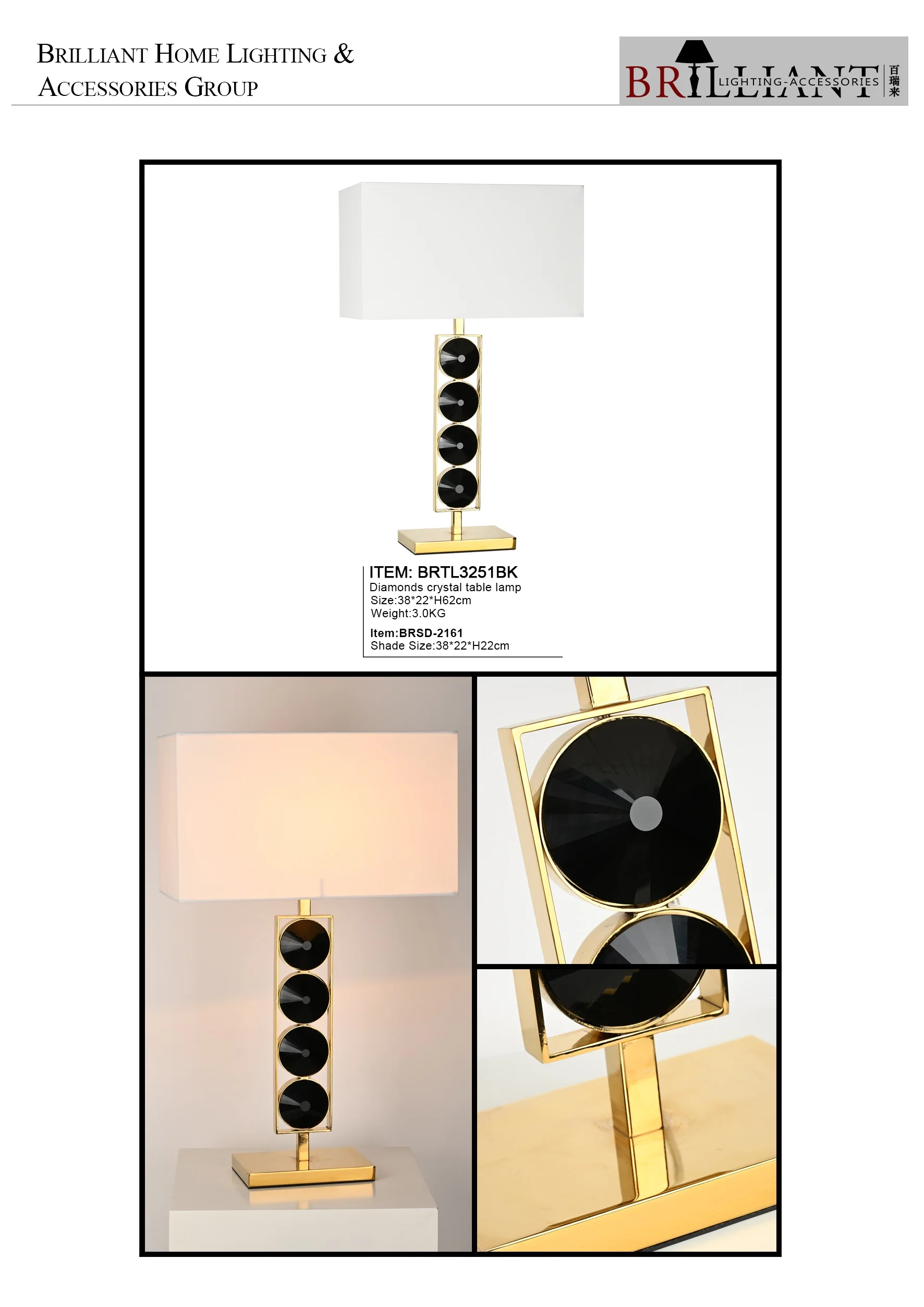 Beautiful table lamp with metal base square fabric shade black Crystal Ball suitable for bedroom  living room