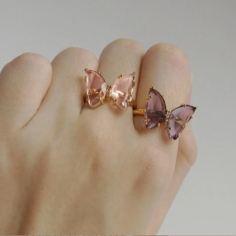 

Amazon Hot Selling New Arrived Fashion Jewelry Opening Copper Beautiful Crystal Butterfly Ring Women, As photo