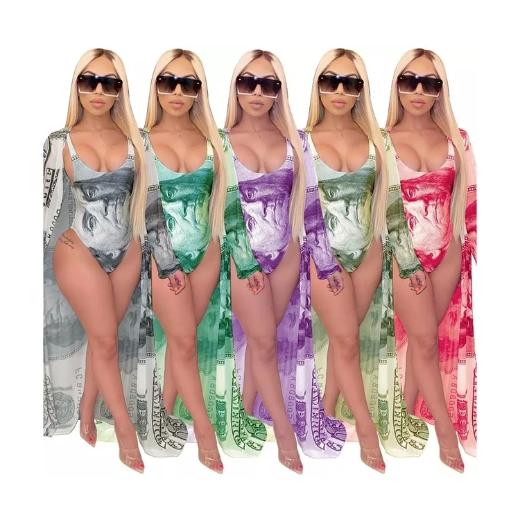 

Summer swimwear bikini set dollars printed bathing suit cover ups beachwear women kaftans one piece swimsuits for women 2021, Customized color