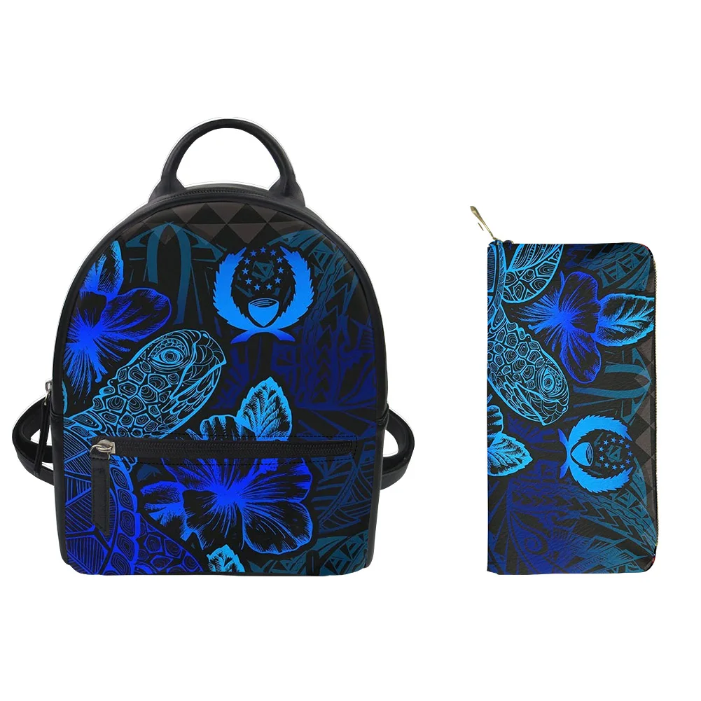 

Womens Small Backpack Deep Blue POHNPEI Tribal Printed Luxury Mini Backpack Black Custom Match Wallet Backpack Purse 2PCS Set, Customized color