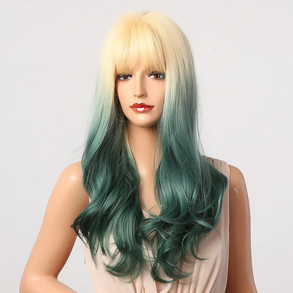 

BVR Gold Gradient Dark Green 22 Inches Long Curly Heat Resistant Synthetic Wigs With Hair Bangs