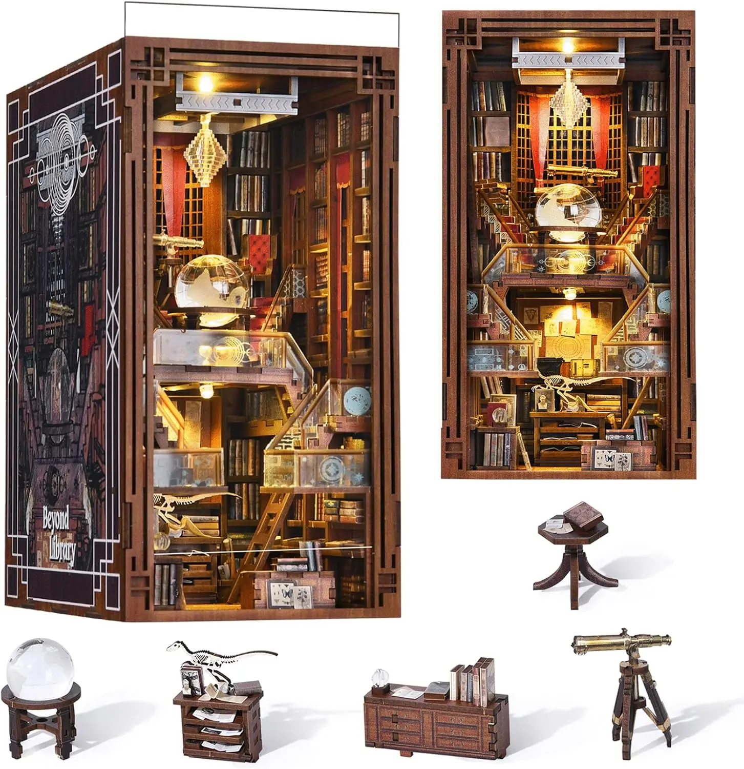 Minicity DIY Miniature Dollhouse Booknook Kit 3D Wooden Puzzle Bookend and LED Light Bookshelf Insert Stylish Mini Model