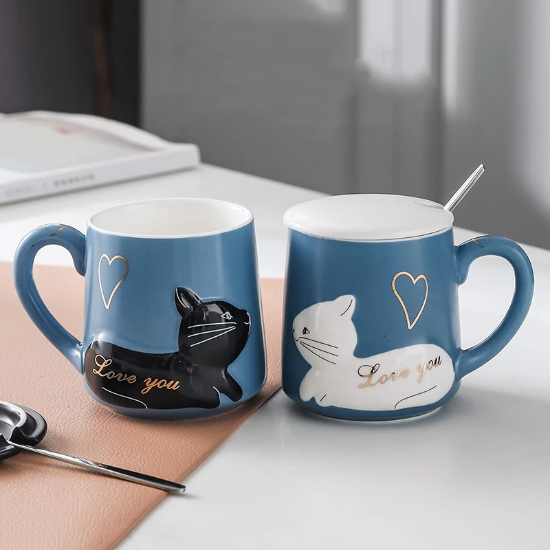 

Lovely Cat Coffee Mugs Creative Household Ceramic Couple Mugs with Lid and Spoon, Blue, pink, white