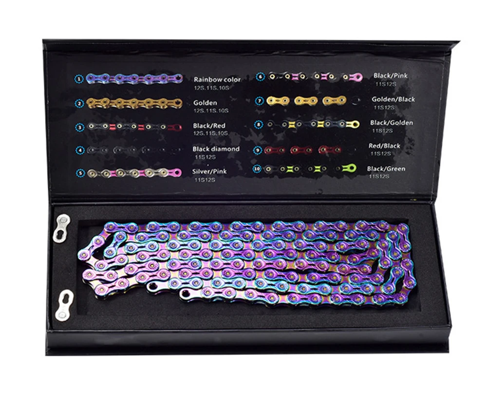 

SUMC Rainbow Color Mountain Road Bike Chain 9/10/11/12 Speed Half Hollow Ultralight Bicycle Shifting Chains, Rainbow colors