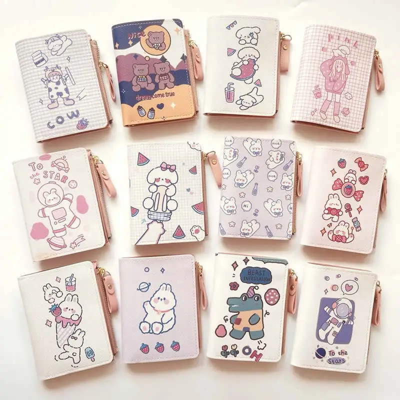 

Professional PU Wallet Supply Cute Anime Girls Two-fold Money Clip Student Zipper Coin Purse Cartoon Paint Wallet