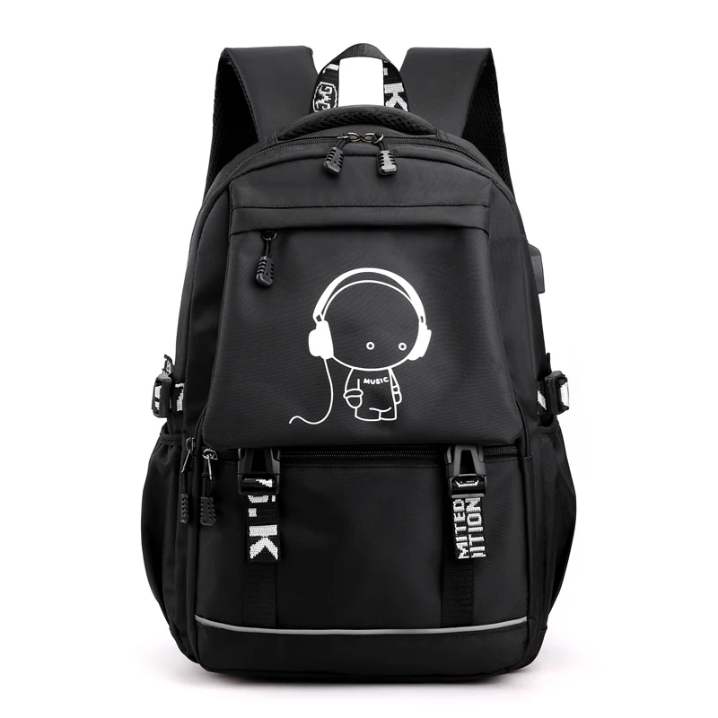 

fashionable korean cool luminous backpack school bag with usb charging port, Black