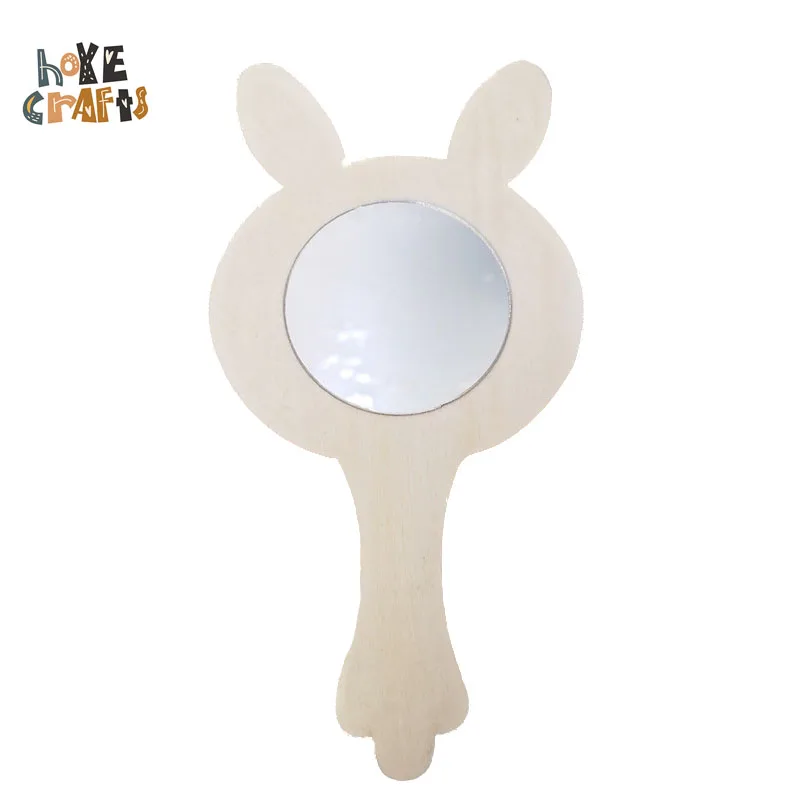 

New Style Unpainted Wooden Handle Mirror Children Hand Painting Mirror Wood DIY Mirror