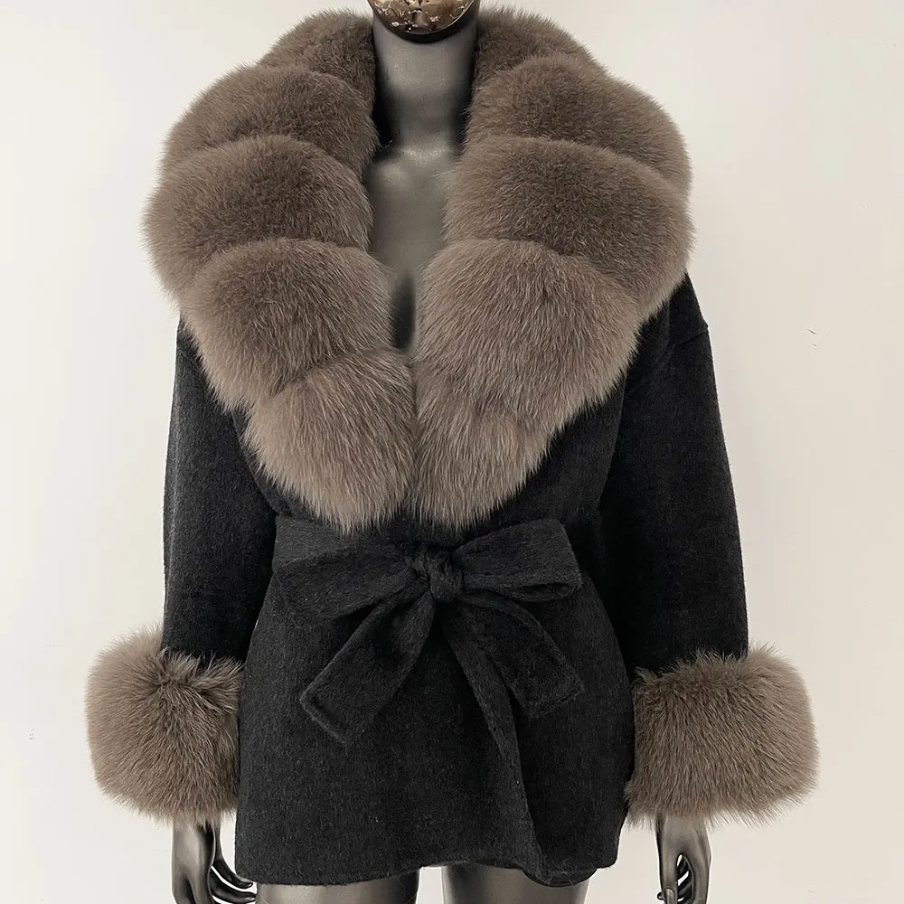 OFTBUY Real Fox Fur Blends Wool Winter Jacket