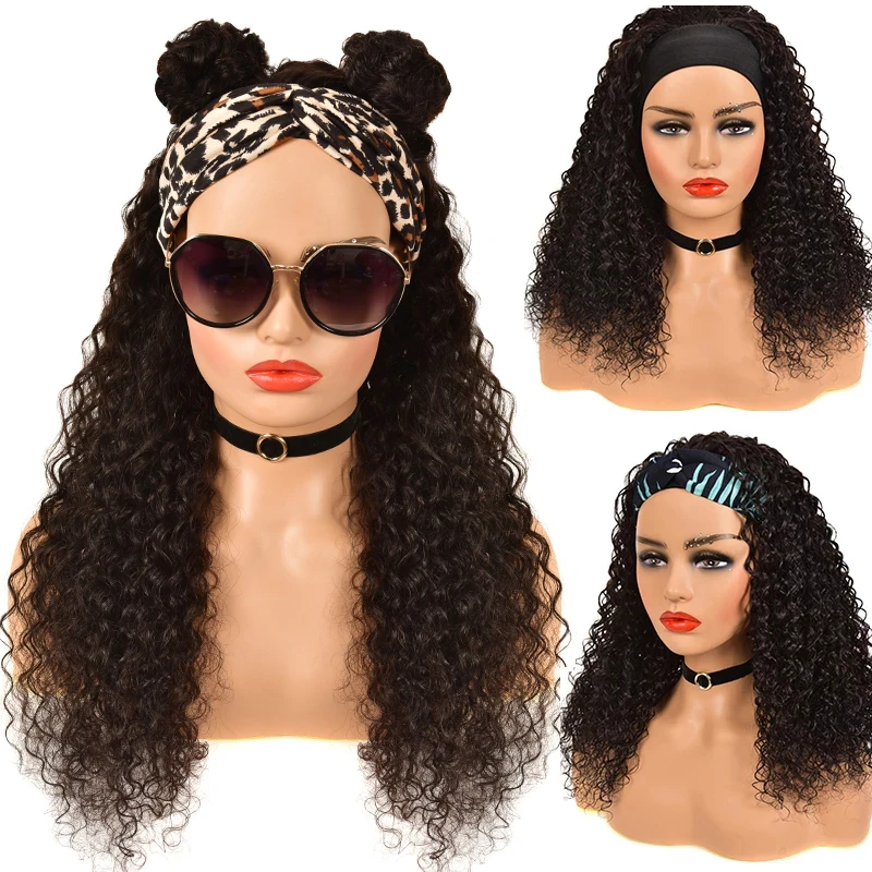 

Curly Headband Scarf Wig Natural Color Human Hair Raw Wigs Full Machine Made Headband Wigs Brazilian Remy Hair For Black Women, Natural colors