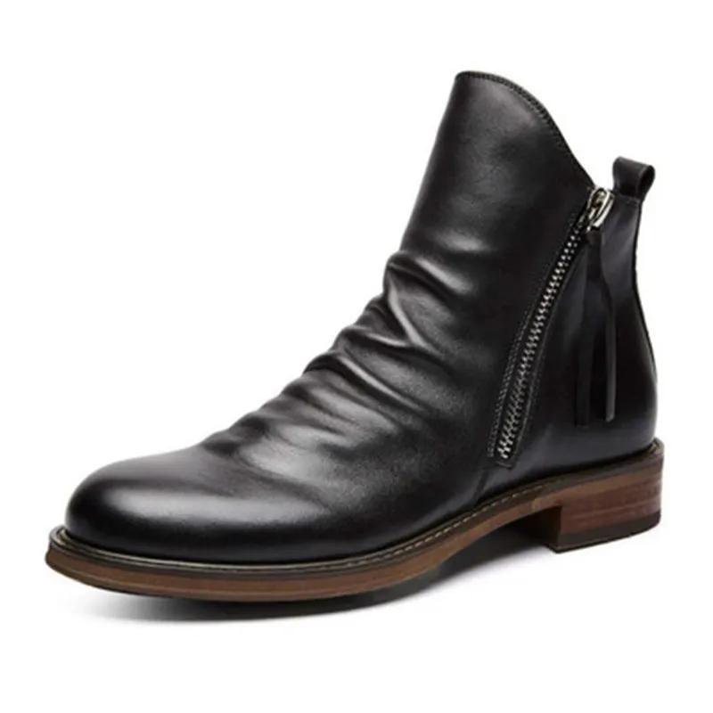 

Men's Fall Winter Large Size Men Boots Flat-bottomed Polished Zippers Casual Tassel Leather Shoes Boots, As the picture display