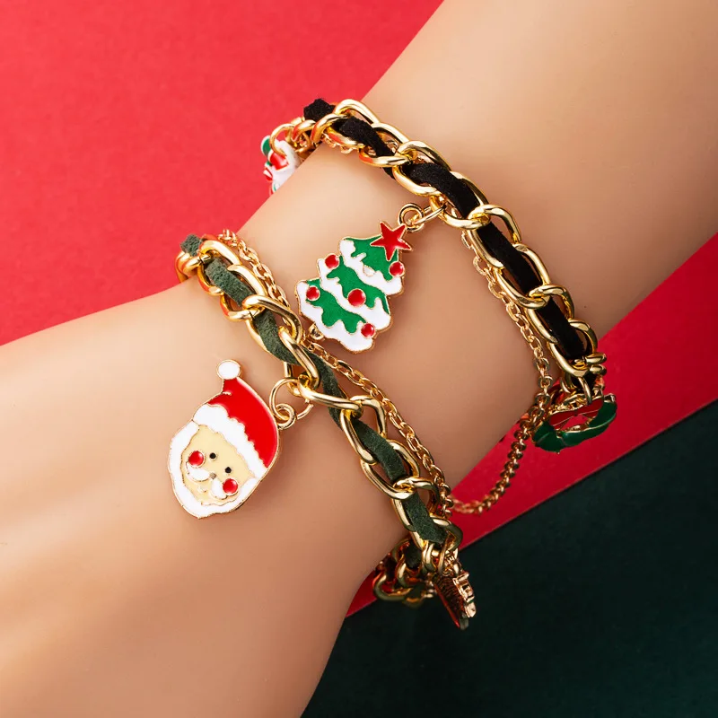 

7 style Multilayer Christmas Tree Snowflake Gloves snowman Bells Pendant Christmas jewelry Green chain bracelet for women, Red