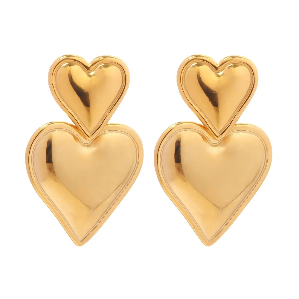 

2023 New Luxury Trendy Double Heart Shaped Earrings Stainless Steel Gold Plated Smooth Love Titanium Drop Earrings Jewelry Women