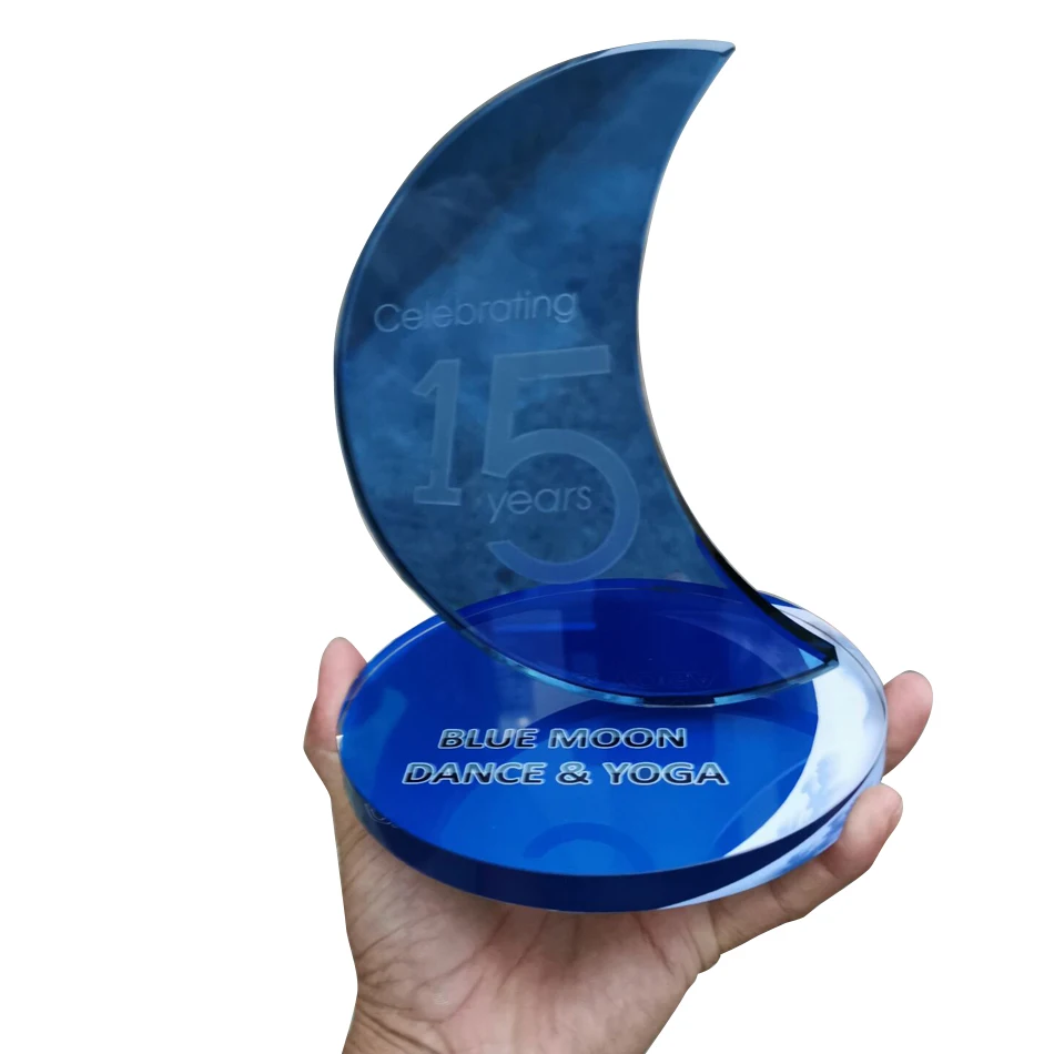 

Unique design Blue moon dance yoga crystal trophy with logo printing on base MLSJ-JB192