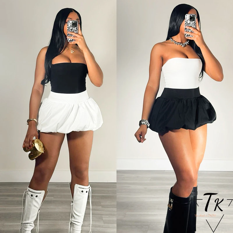Think 2025 Women's Casual Micro-mini Skirt Micro-mini Stretch High Waist Bubble Pleated Skirt 12 Colors Summer Fashion Polyester