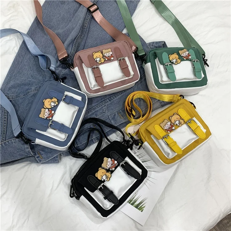 

Messenger Bag Cute Student Japanese Single Shoulder Small Nylon Square Women Luxury Sling Unique Tote Bag, Black, green, blue, yellow pink