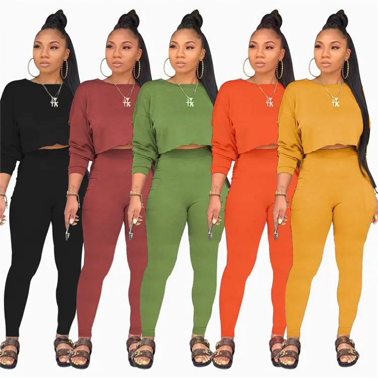 0819M513 high quality multi color autumn fashion round neck  trendy solid ladies two piece pants set womens 2 piece outfit