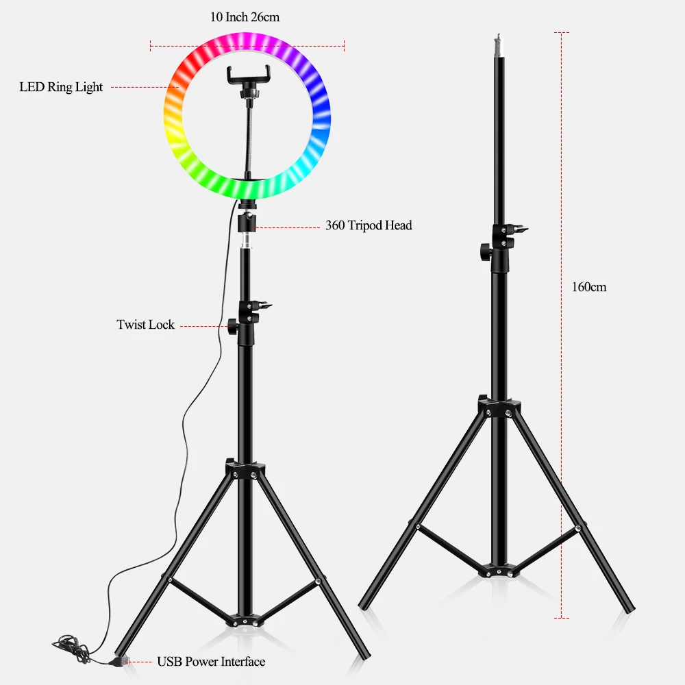 

10 Inch Video 16Colors Rgb Ring Lamp Phone With Remote Camera Studio Large Light Led 48" Stand 160Cm