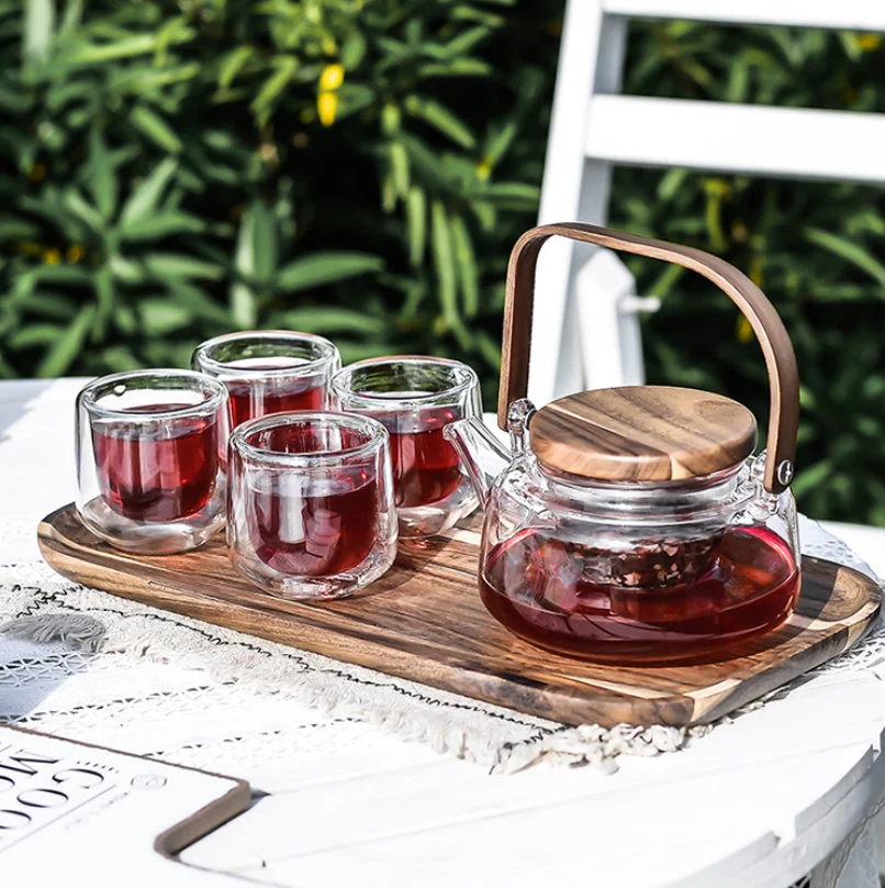 

Elegant Double Wall Tea Pot Glass Set With Bamboo Lid, Clear