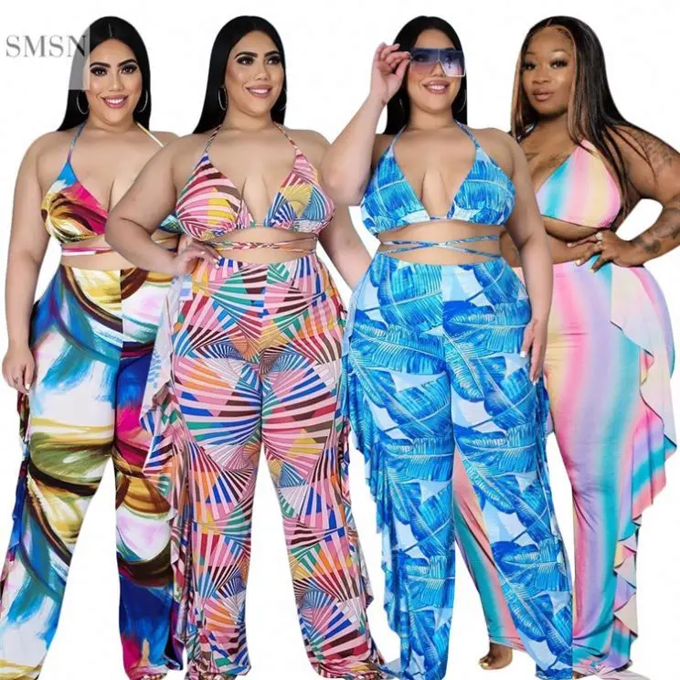 

High Quality Print Plus Size Women Clothing Two Piece Set Women Sexy Bandage Bra Two Piece Wide Leg Pants Sets