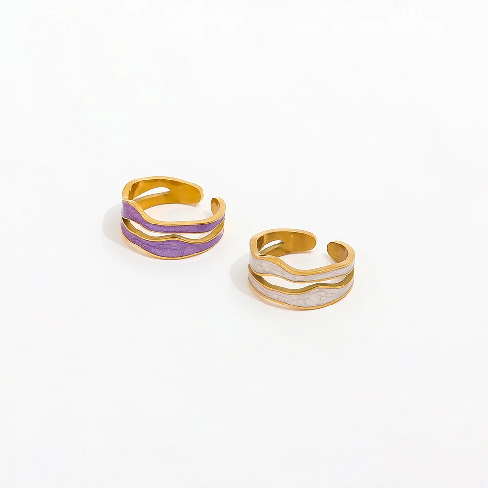 High End 18K PVD Gold Plated White Purple Enamel Double-layer Open Rings Stainless Steel Jewelry Women Gift