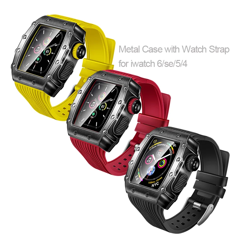 

QIMAN Stainless Steel Metal Watch Case for iWatch 7/6/se/5/4 45mm,Rubber Watch Strap with Metal Case for Apple Watch Metal Cover