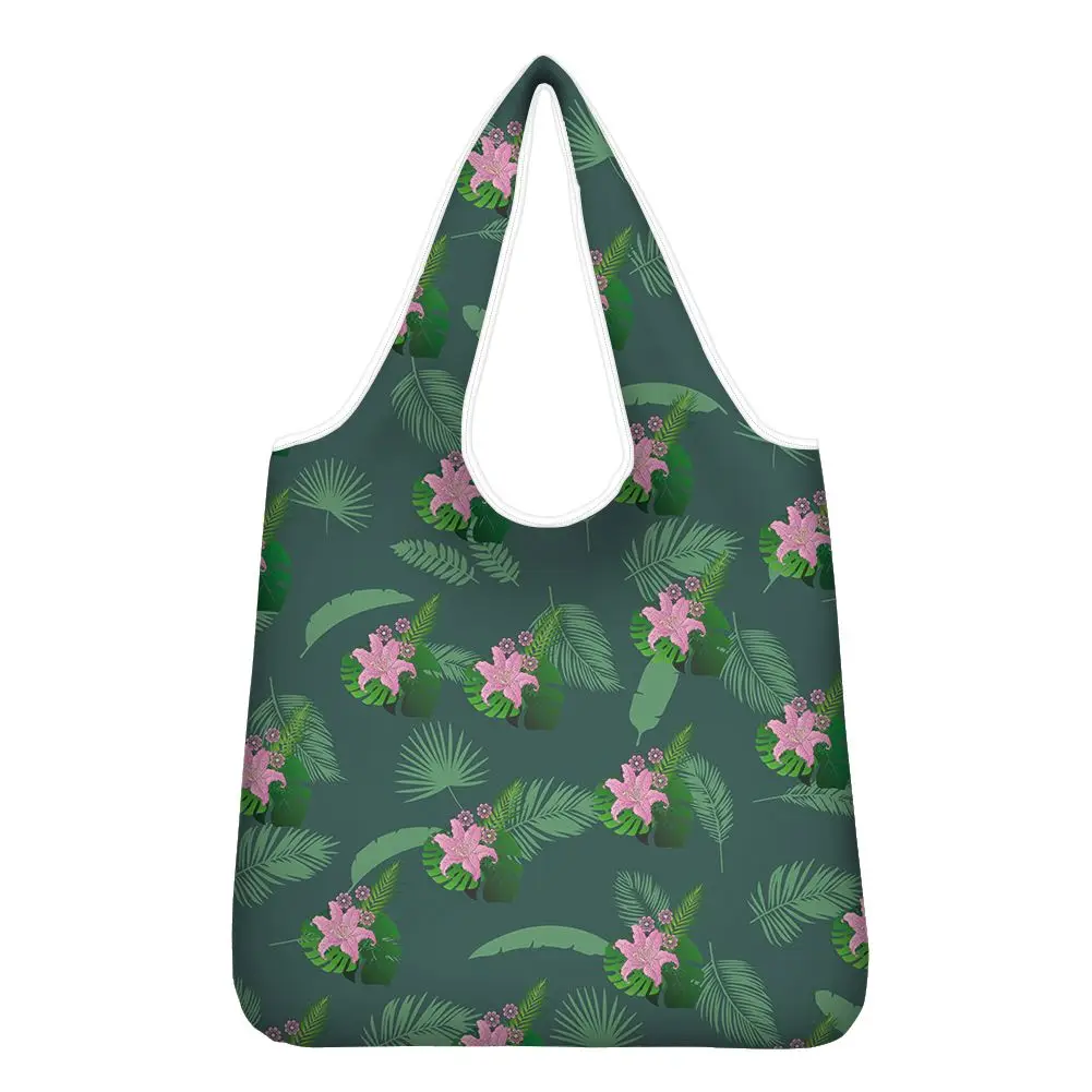 

Wholesale Hawaiian Flowers Pattern Foldable Wrikle Resistant Shopping Bags Handy Long Handle Tote Bag Reusable Grocery Bags, Customized color