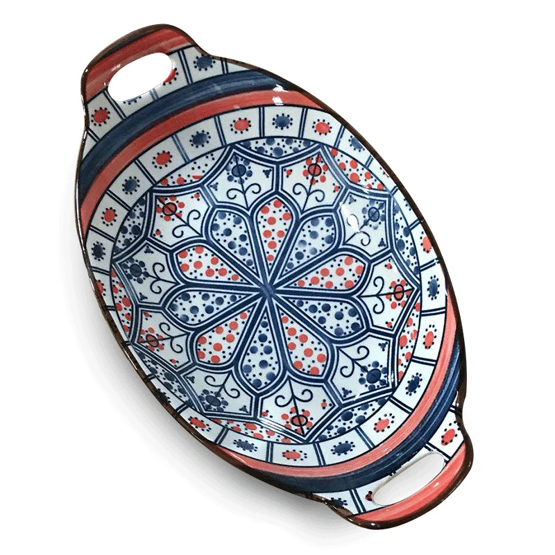 

Bohemian Binaural Ceramic Dinner Plate Baking Dish Moroccan Ceramic Oval Baking Plate, Color 1-6