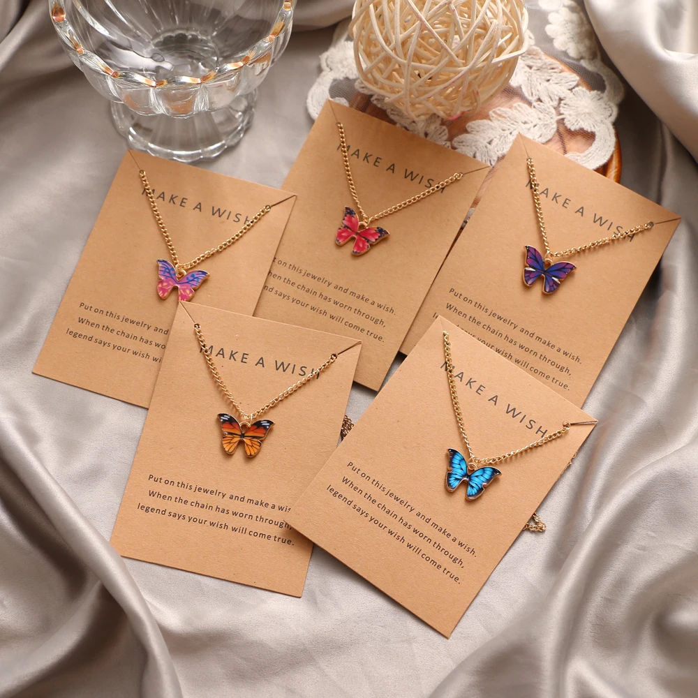 

VKME Colourful Cute Bohemian Gold Clavicle Chain Resin Charm Acrylic Butterfly Pendant Necklace Thin Chain Women Jewelry