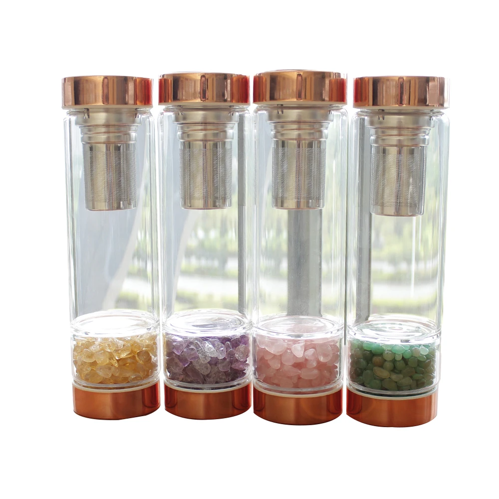 

Natural Crystal Elixir Bottles gemstone Glass therapy stone Tea filter filter bottle Healing Crystal Infuser Energy cup, As picture