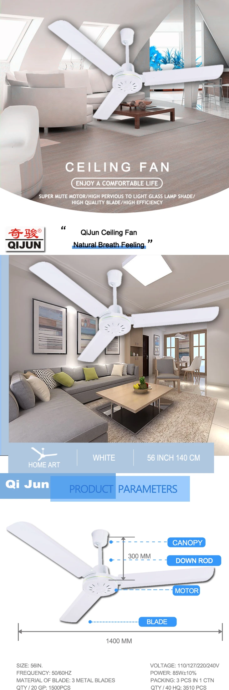 Thailand Kawa Brand 48/56 Inch Metal Ceiling Fan With Big Power/good