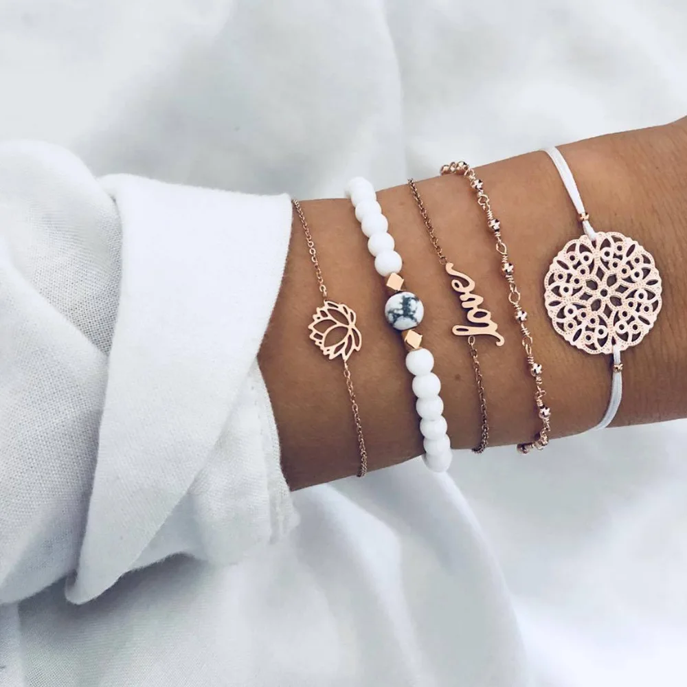 

Bohemian women charm simple fashion geometric flower beaded love heart bracelet set jewelry