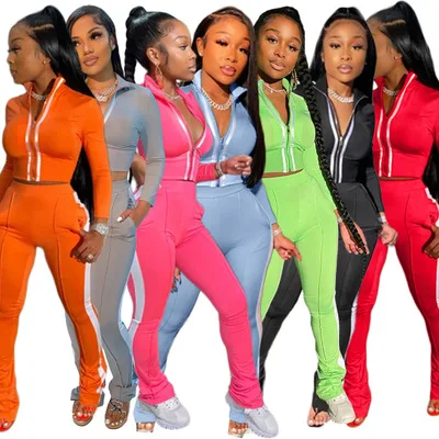 

Casual 2 Two Piece Set Women Sexy Pink Outfits Crop Top Stacked Pants Leggings Women Matching Sets Ladies Tracksuit Female