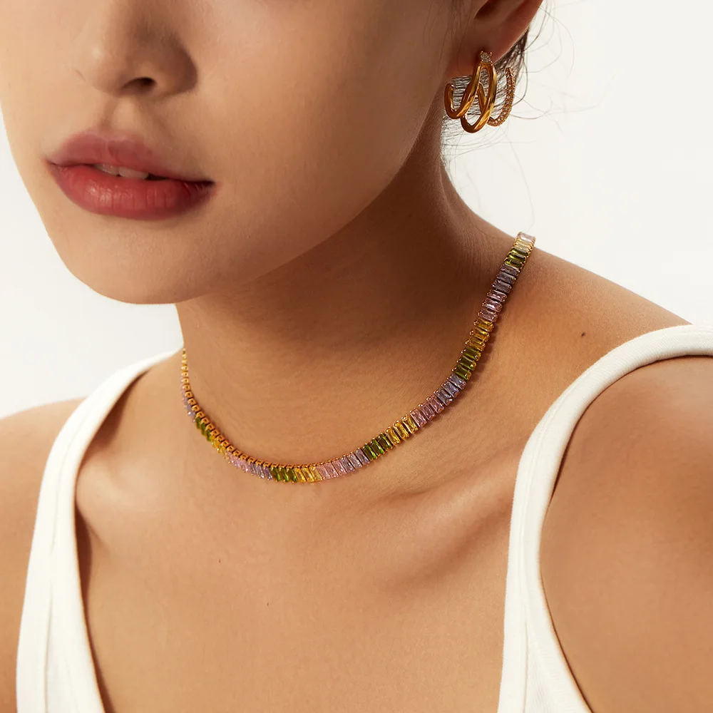 

New Fashion INS Popular 18K Gold Plated Full Zircon Choker Stainless Steel Tennis Chain Zircon Bracelet Necklace