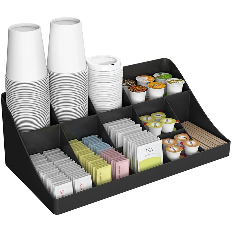 

Multifunctional storage rack paper cup holder 11 Compartment Coffee Condiment Organizer, Black/wood