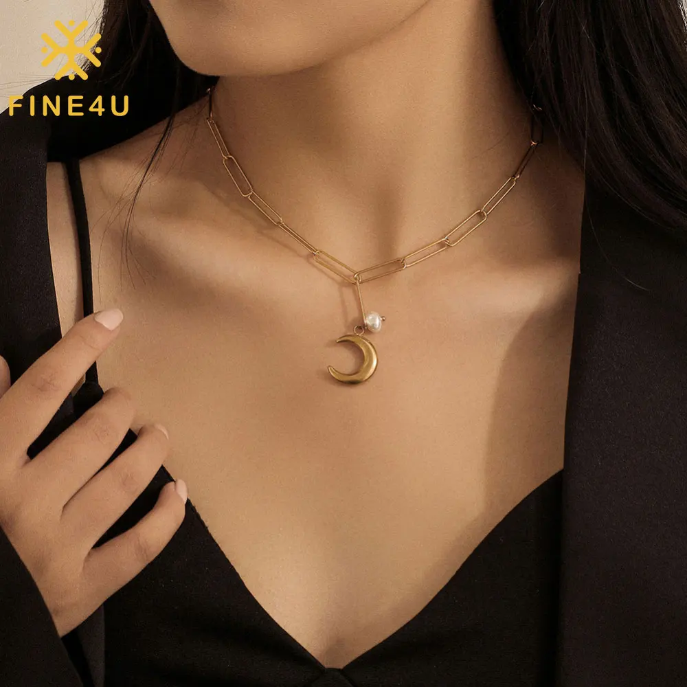 

Minimalist Women Fashion Jewelry New Stainless Steel Pearl Moon Pendant Necklace Paper Clip Chain, Gold
