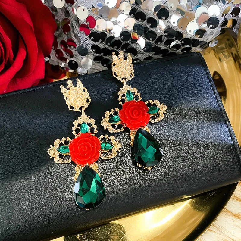 

Kaimei Ethnic style earrings 2020 new trendy red rose flower earrings18k gold plated women large cross dangle earrings women, Many colors fyi