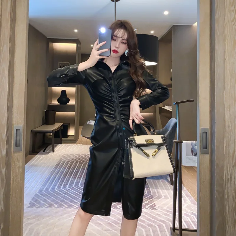

Casual Sexy Fashion Leather Dress Black 2021 Spring Shirt Dress Temperament Ladies Dress Women Sexy Close-fitting,socialite