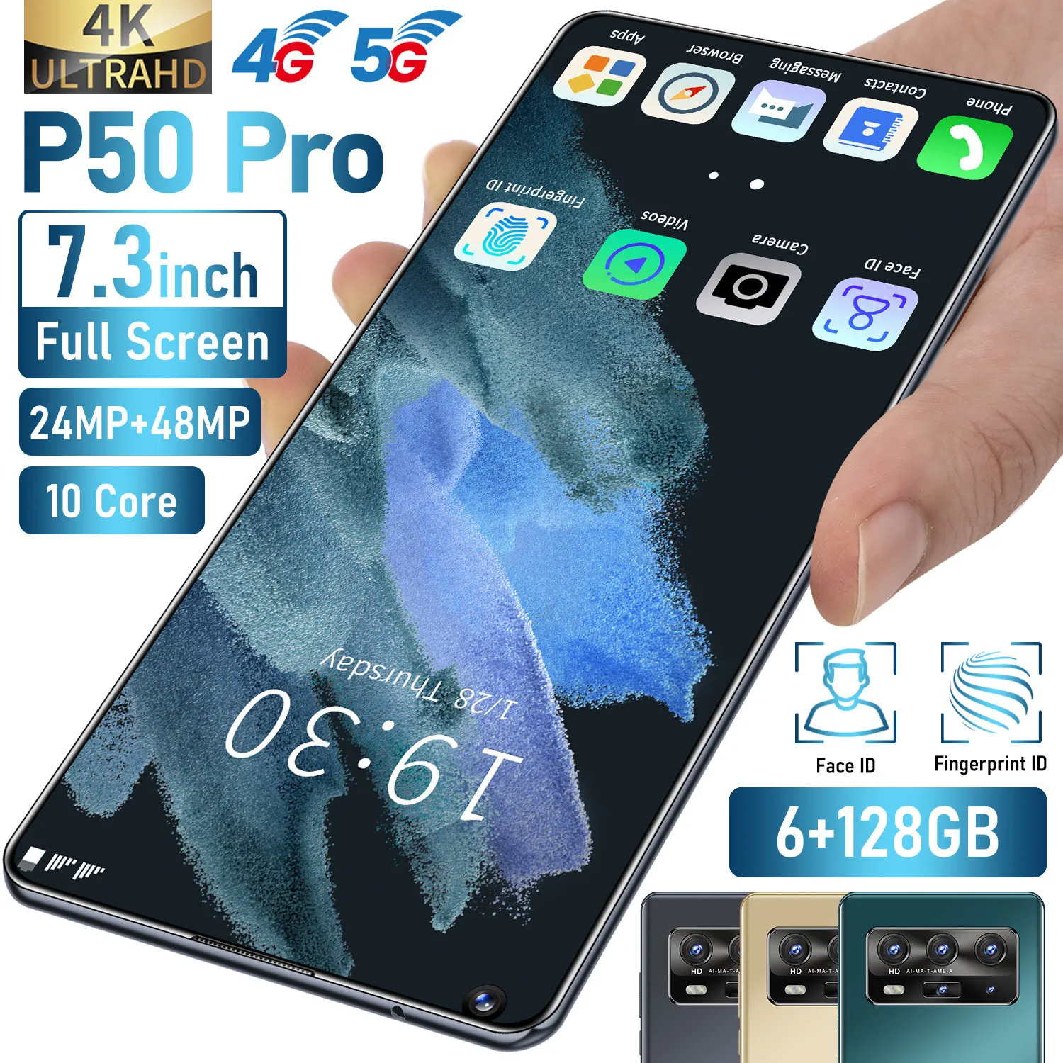 

P50pro Android smartphone MTK6889 Deca core 7.3-inch screen 6GB+128GB 24MP+48MP 5600mah dual card 5g mobile phone face ID