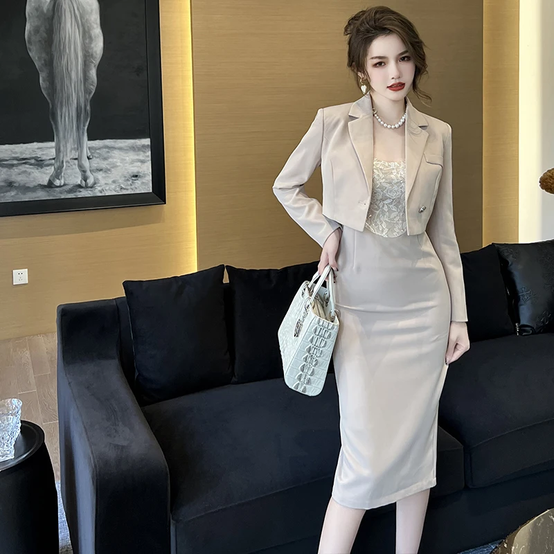 

ZYHT 20197 Hot Sale Autumn Winter New Long Suit Coat Ol Slimming High Waist Lace Blazer Slip Dress Fashion Long Suit Dress