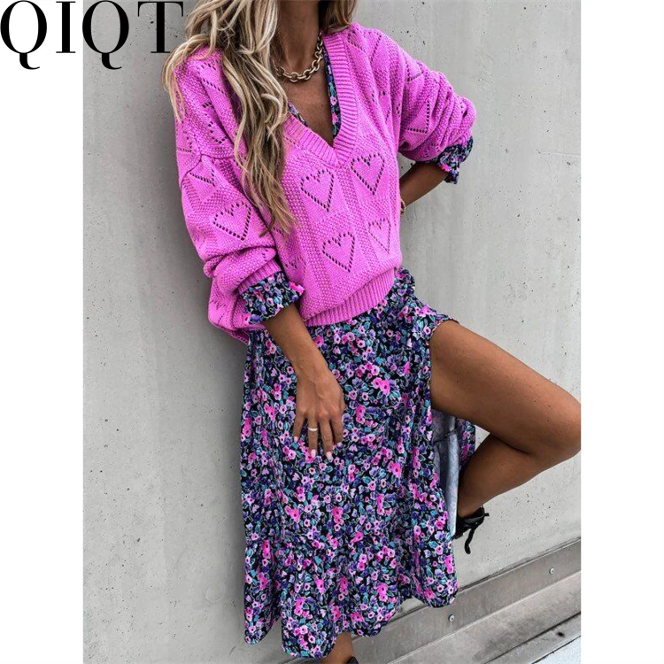 

2022 Spring Loose Solid Color Love Hollow Out V Neck Sexy Pullover Knit Sweater Women