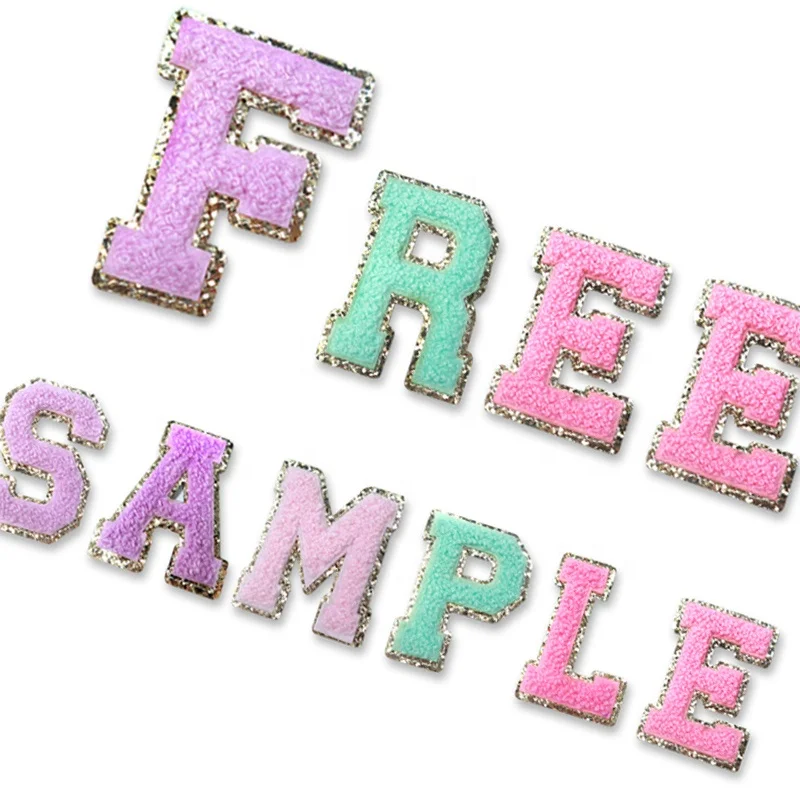 

Free Sample Custom Embroidery Glitter Patches Chenille Clothing Letter Patches Sequin Gold Patch