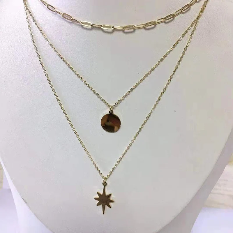 

Trendy Round North Star Resin Multi Layer Pendant Necklaces Fashion Stainless Steel Gold Plated Chain Necklace Stock Available, 1 colors