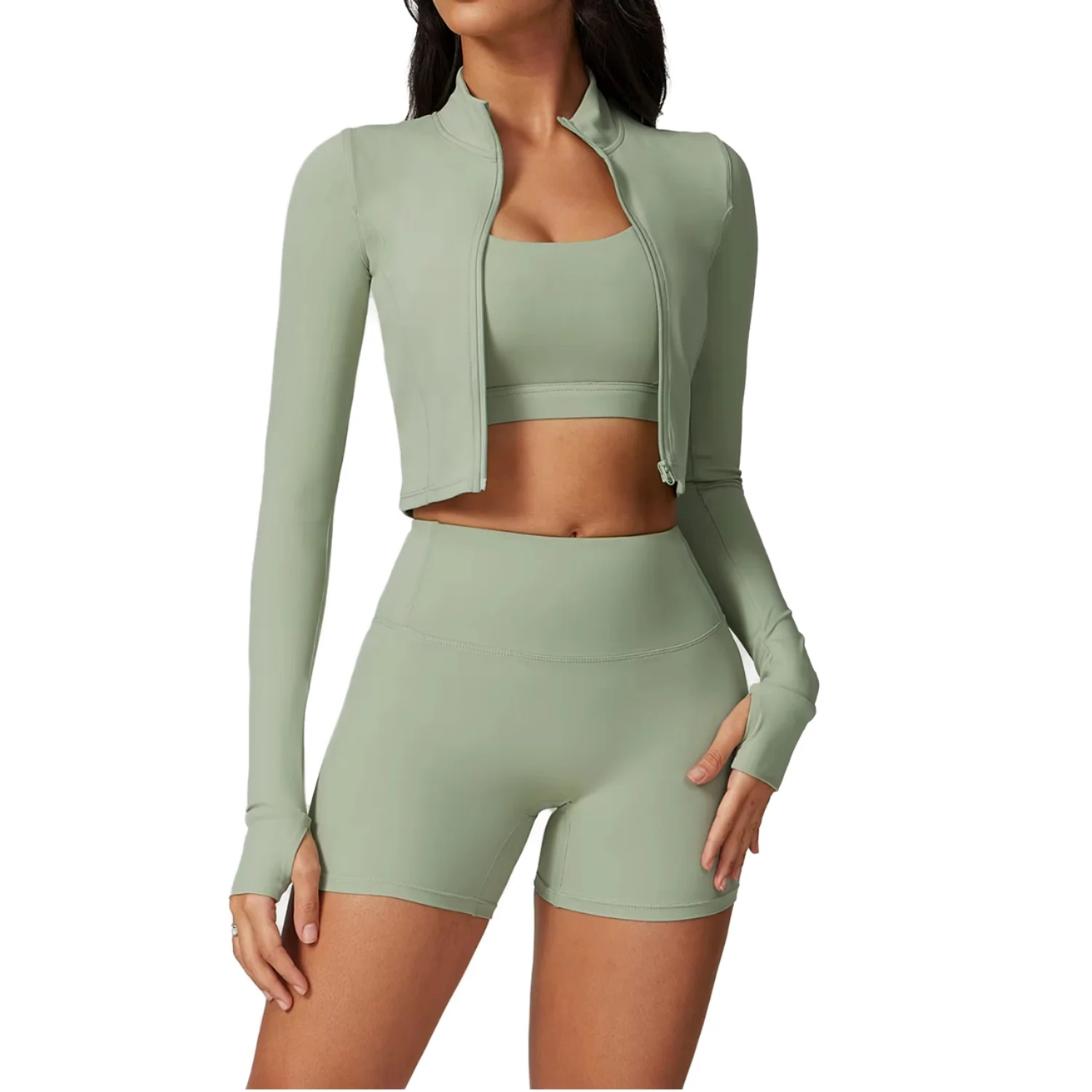 Three Piece Set High-Waisted短款Zipper Yoga Set