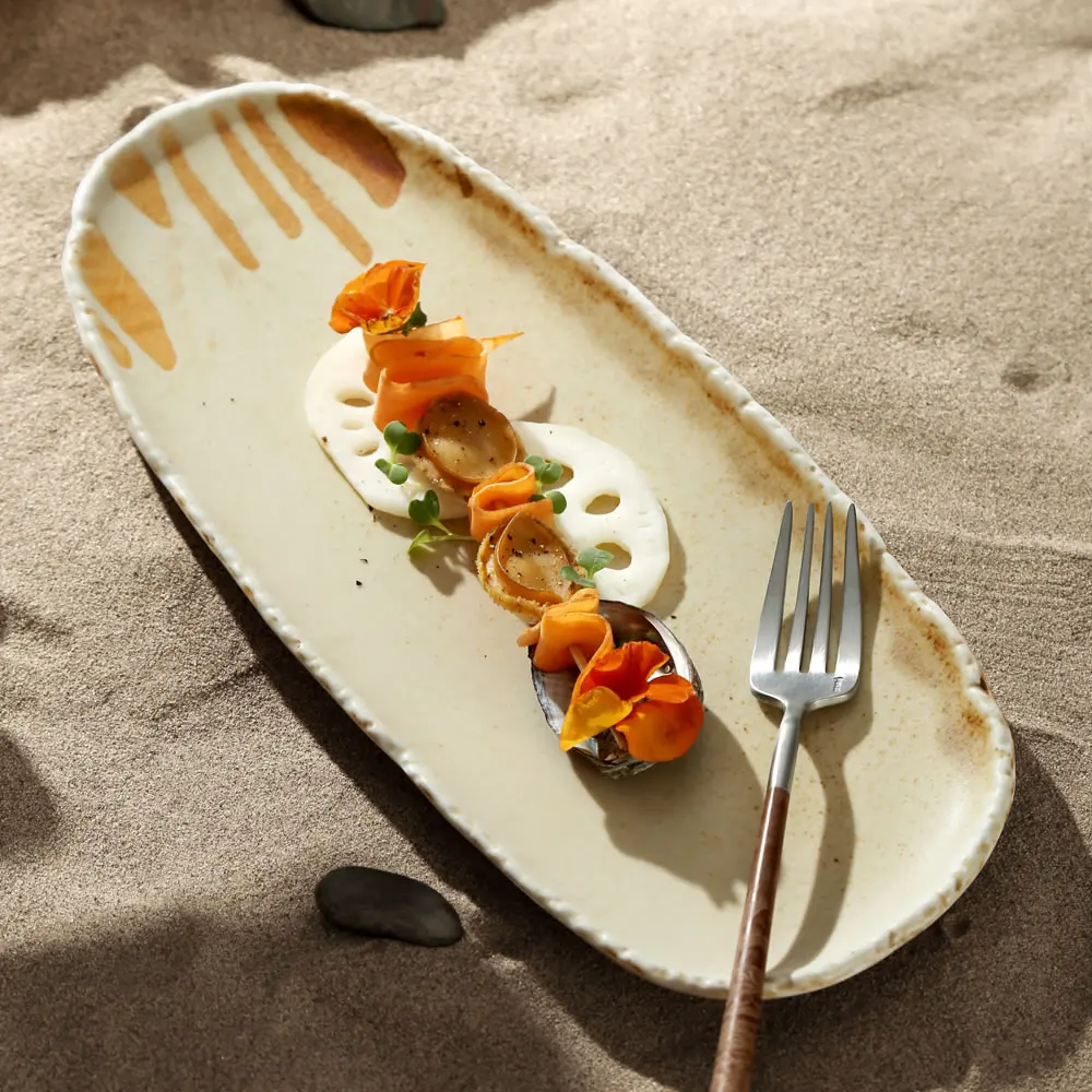 

Factory Wholesale Japanese Restaurant Irregular Shape Ceramic Dinner Plates Bulk Catering Porcelain Serving Dishes Plate
