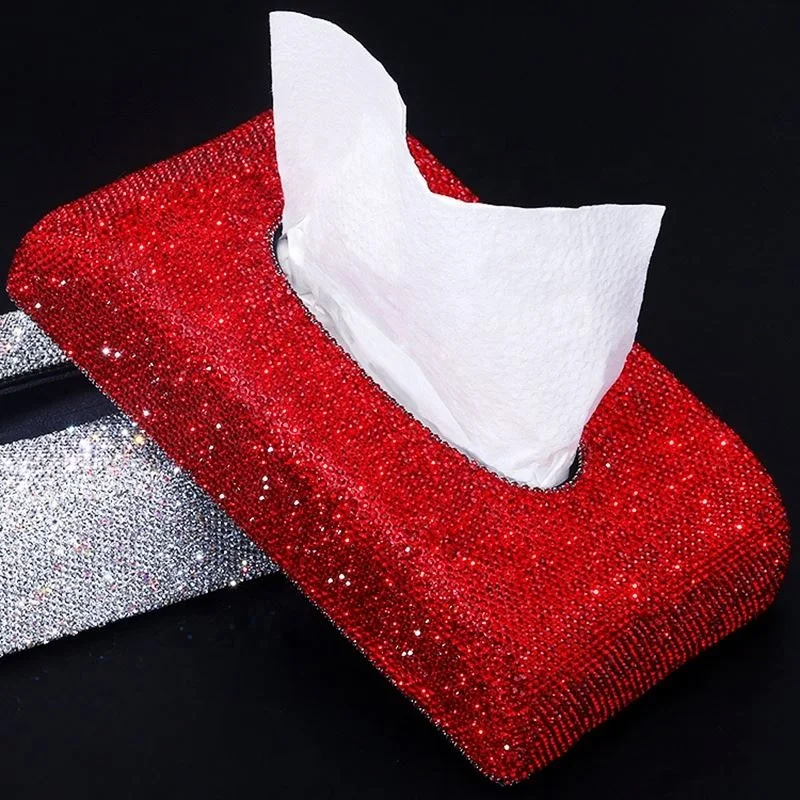 

Home and Car Diamond Tissue Box Towel Sets Car Dashboard Holder Auto Interior Storage Decoration Rhinestone Car Accessories, White/red/purple