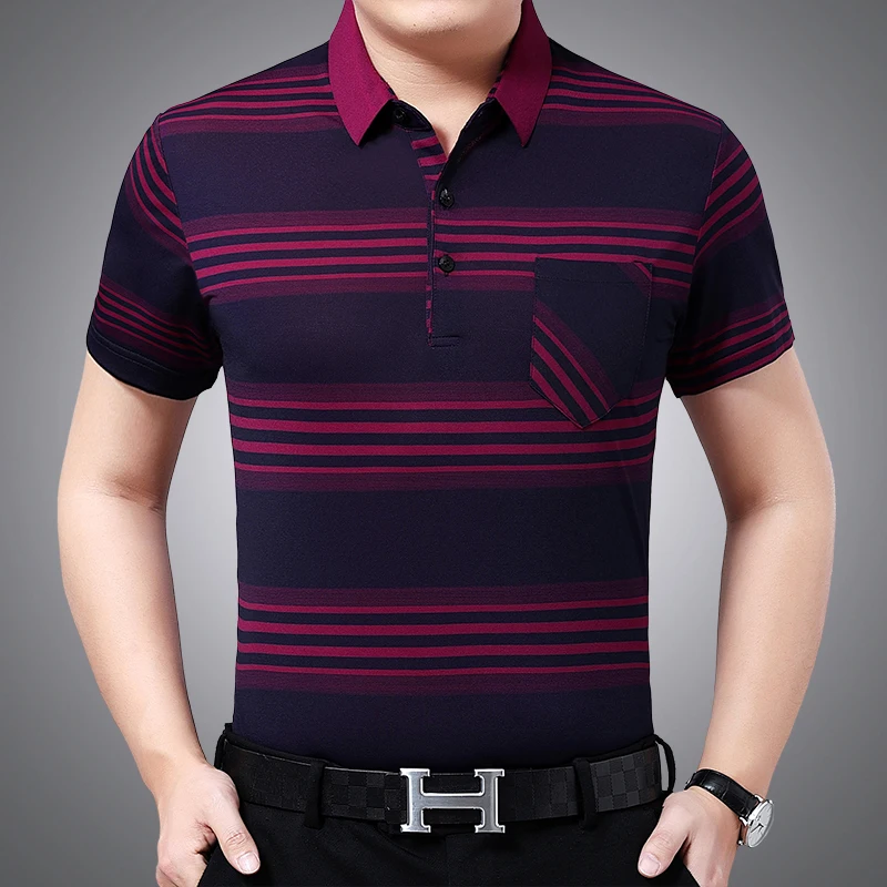 

2020 arrivals polo neck slim fit old man cotton stripe short sleeve man shirt